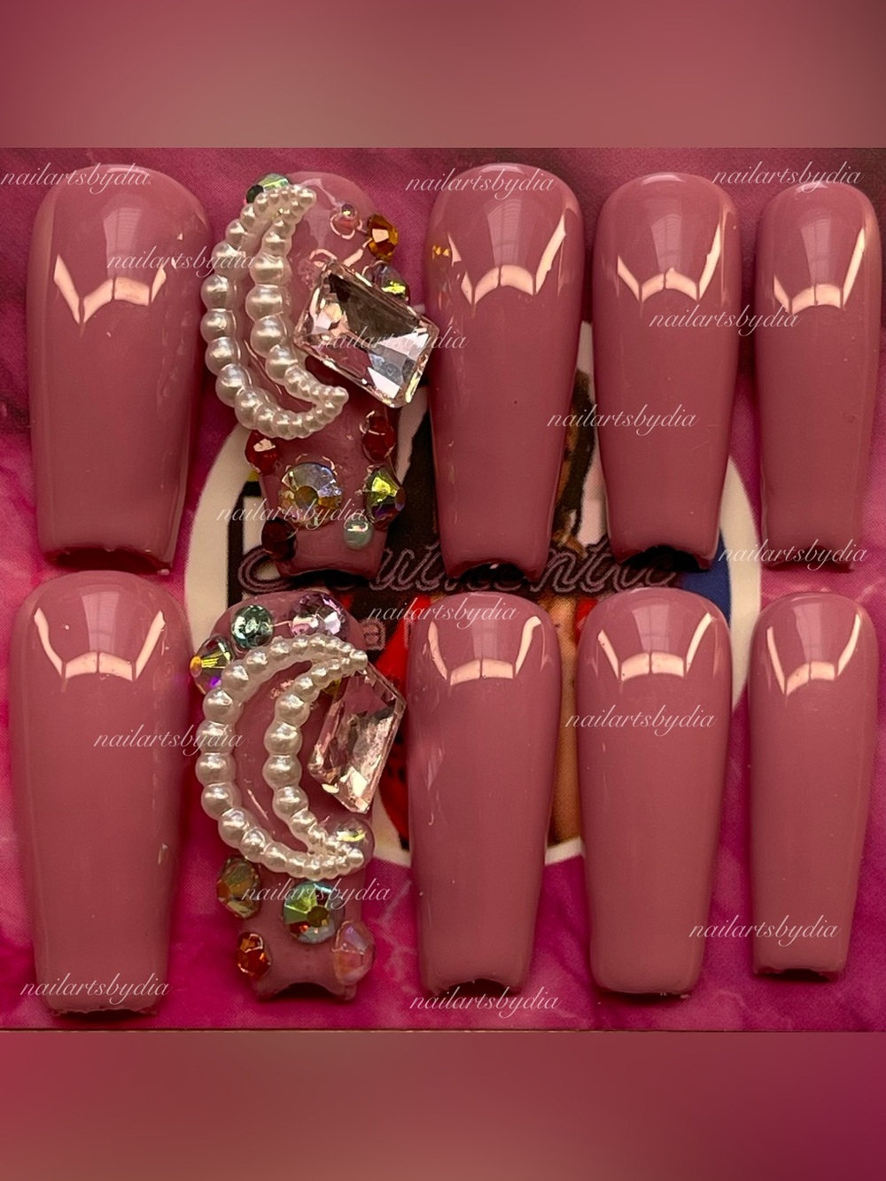 Classic Mauve Pink Press-On Nails with Pearl & Crystal Accents